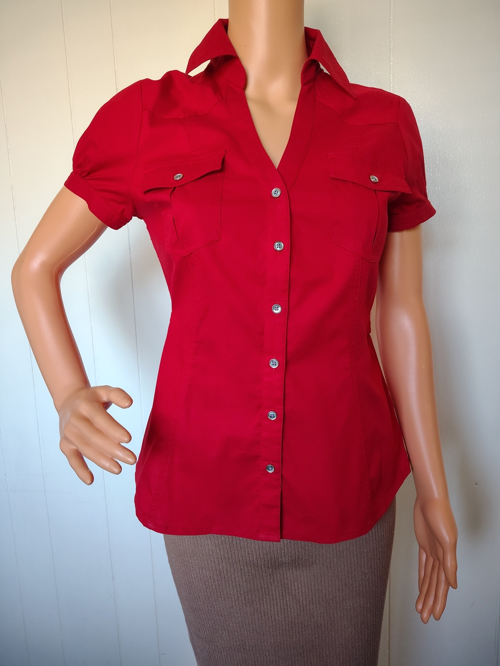 Express Red Short-Sleeve Button Down Shirt Size S.